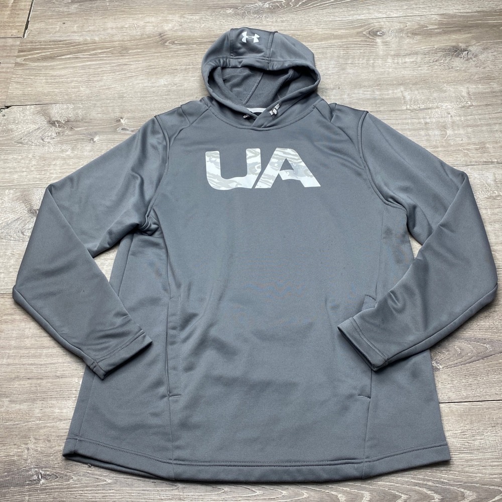 Under Armour Shirt Hoodie Mens Large Gray Polyester Loose Fit Camo Logo Pullover